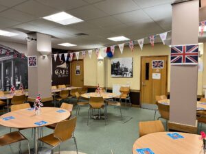 Café decorated with Coronation bunting